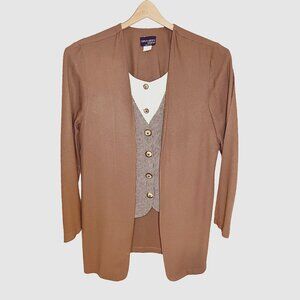 Vintage 90s Business Brown Blazer w/ Connected Plaid Button-Down Vest and Bib